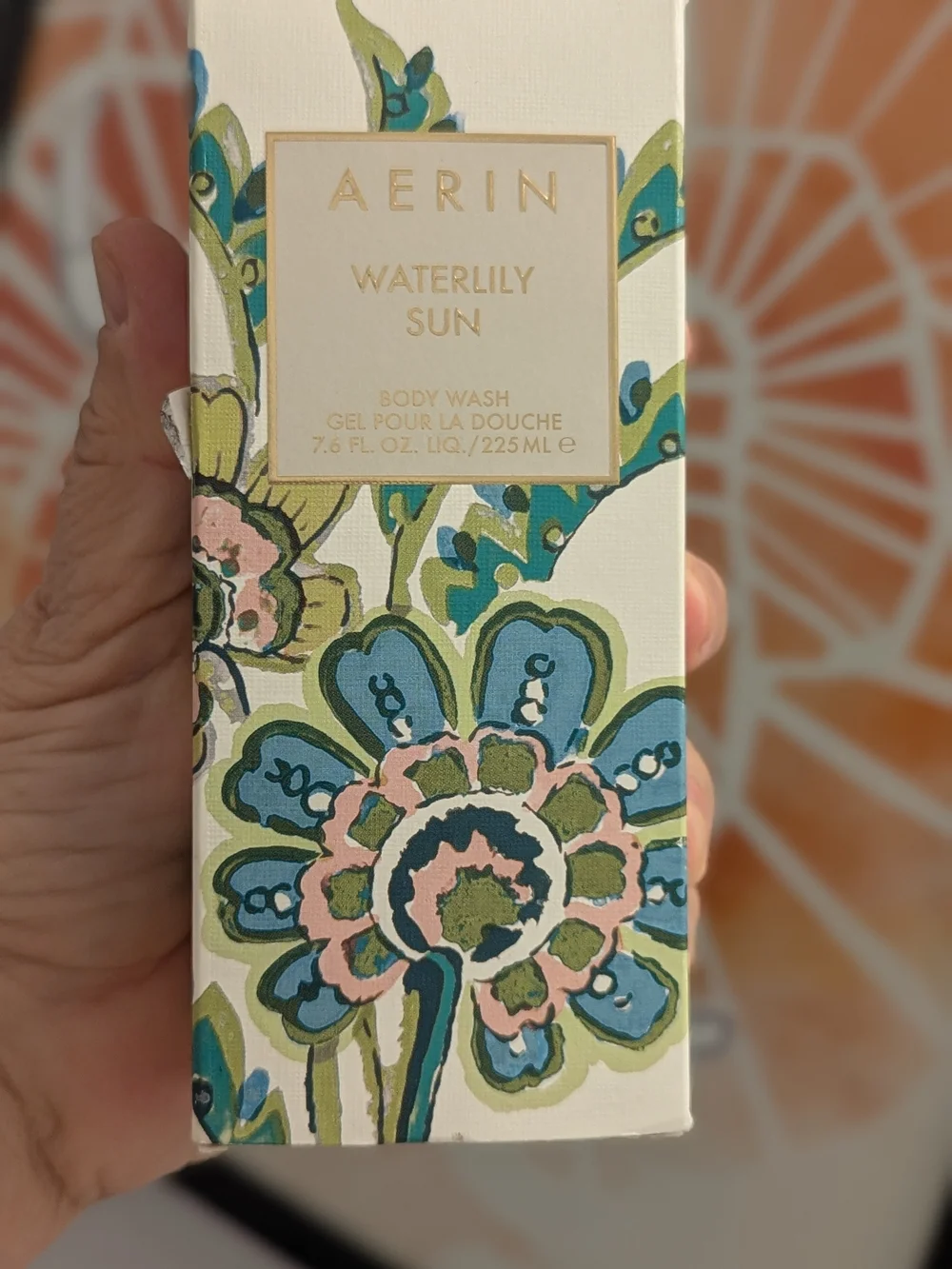 Aerin Waterlily Sun Body Wash — Teal, Green & Pink Floral Packaging